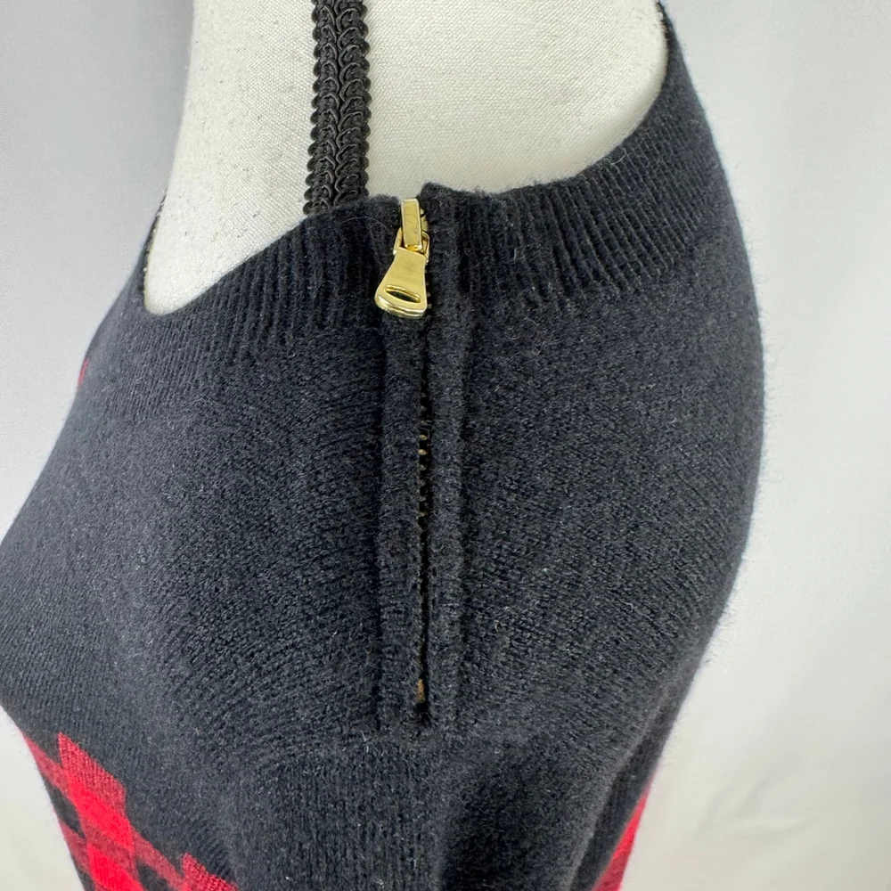 Talbots Sweater Dress Large Red Black Gingham Plaid Shoulder Zip Lambswool Blend - Picture 6 of 13